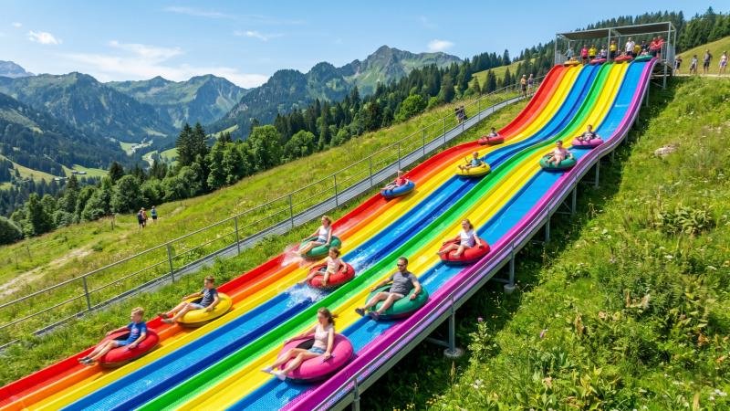 Commercial rainbow slide on a sunny mountain slope