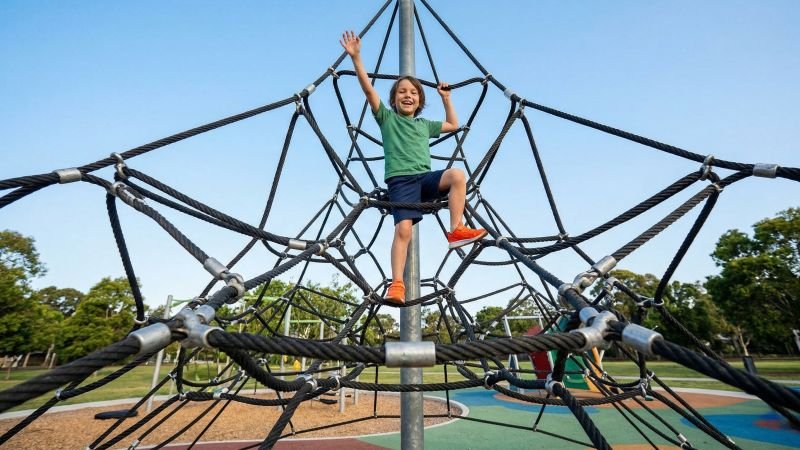 Confident Child Celebrating Achieving Summit on Climbing Net