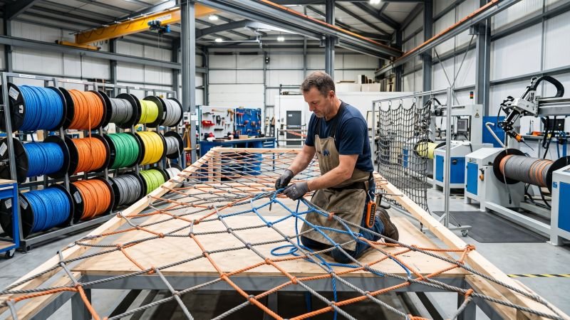 Custom sized rope netting being hand woven in factory