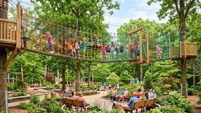 Large Custom Unpowered Rope Net Bridge in Theme Park