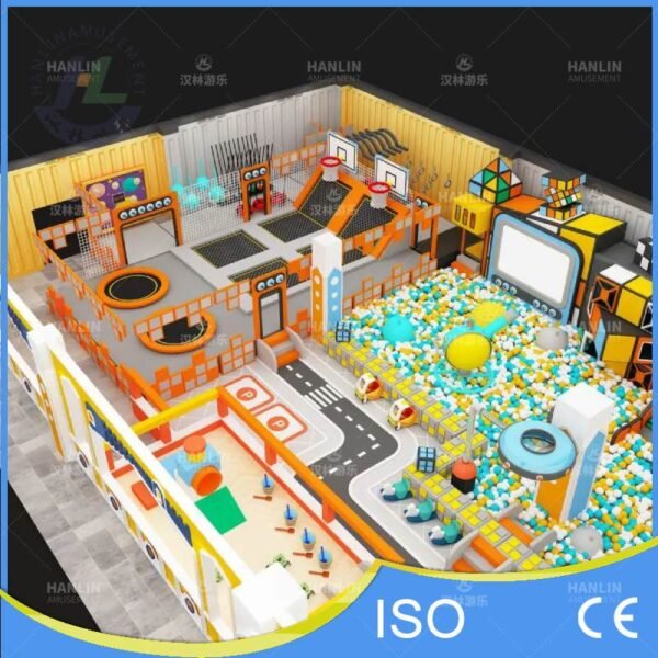 Orange and Black Indoor Trampoline Park with Hoops