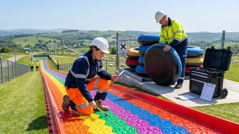 Park operators inspecting rainbow slide tracks and safety tubes