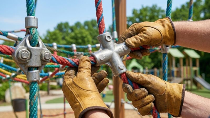 Playground Maintenance Worker Inspecting Ropes