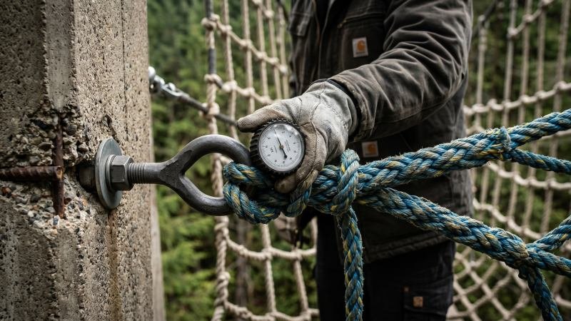 Safety technician inspecting rope bridge tension