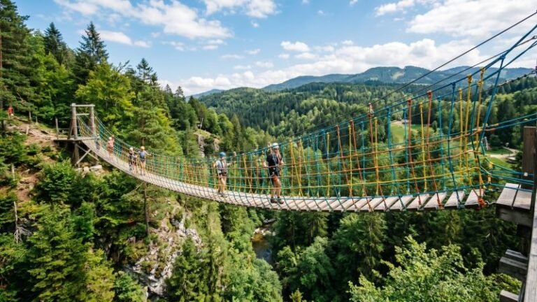 Scenic outdoor adventure rope net bridge