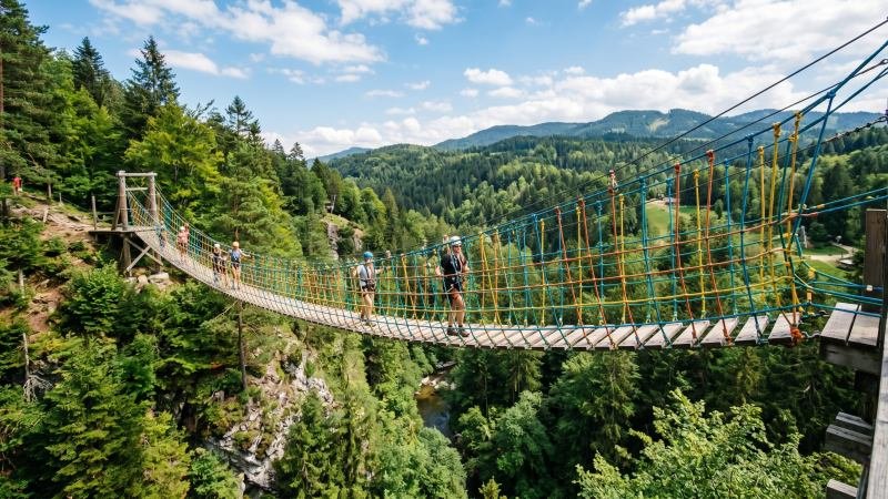 Scenic outdoor adventure rope net bridge