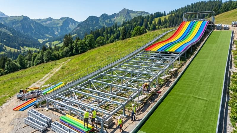 Steel support framework and long braking zone for rainbow slide