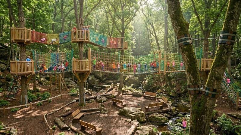 Suspended Rope Bridge Spanning Forest Terrain