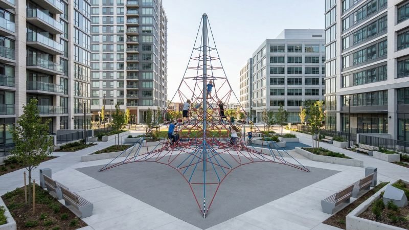 Tall Pyramid Climbing Net in Urban Park