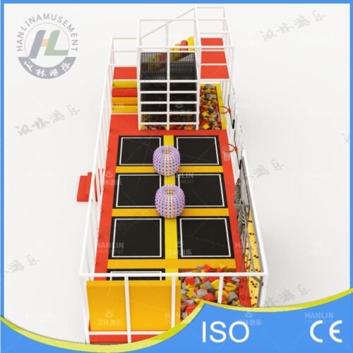 Vibrant Red and Yellow Trampoline Arena Overview Vibrant Red and Yellow Trampoline Arena Overview