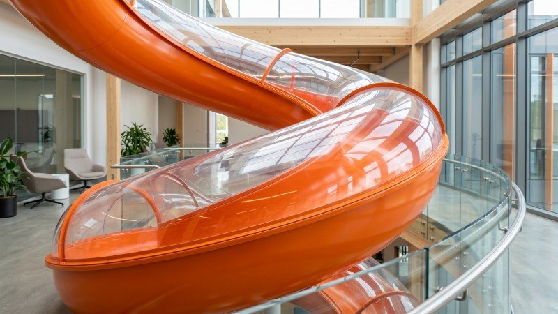 Custom powder coated orange slide with transparent viewing panel