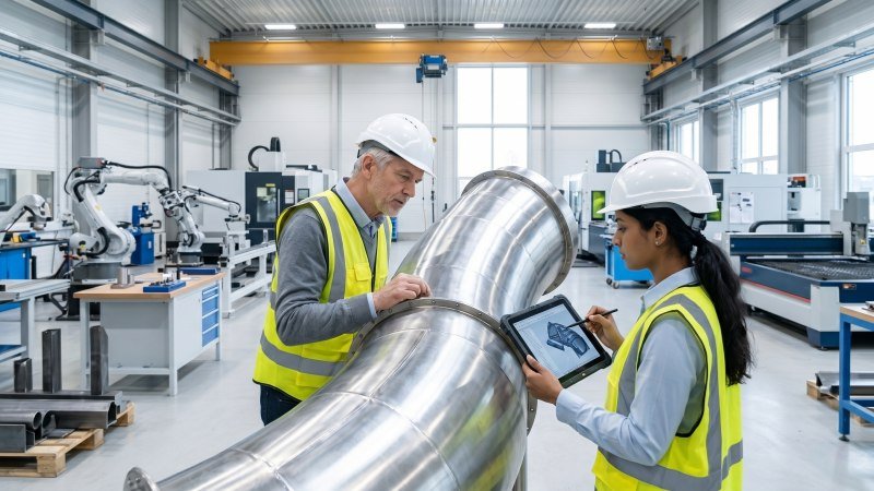 Engineers Inspecting Custom Stainless Steel Slide Fabrication
