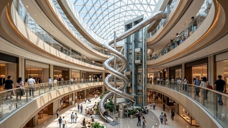 Giant Stainless Steel Slide in Modern Shopping Mall Atrium