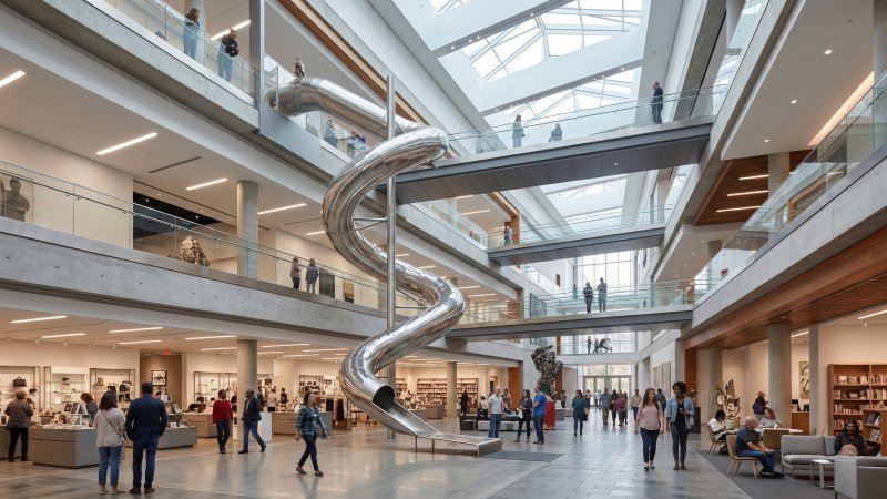 Giant spiral stainless steel slide in a public museum atrium