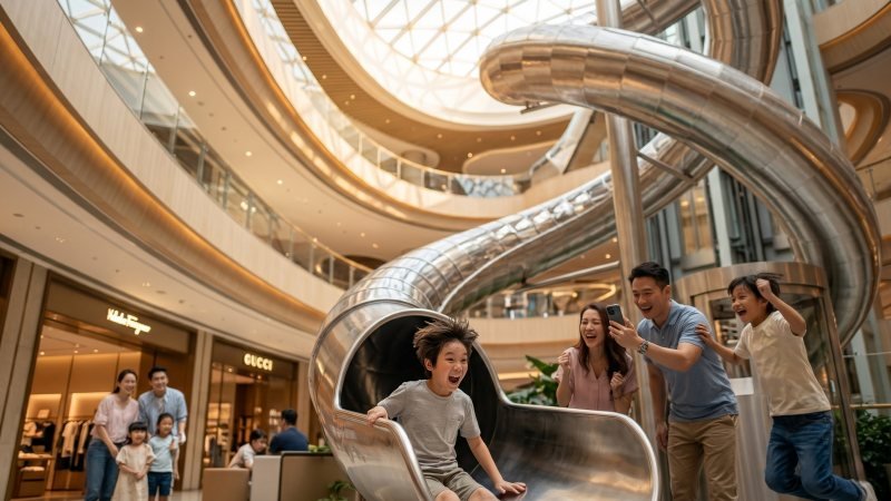 Happy Shoppers Enjoying Indoor Mall Slide Entertainment
