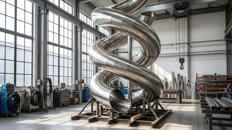 Large Curved Stainless Steel Slide Under Construction in Workshop
