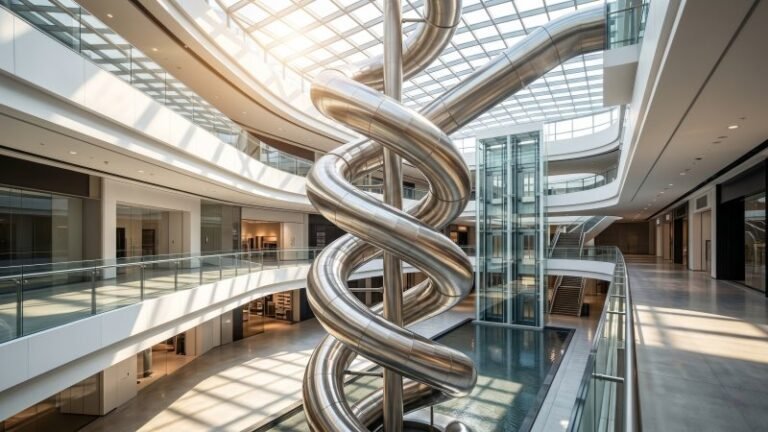 Modern Custom Stainless Steel Spiral Slide in Bright Atrium