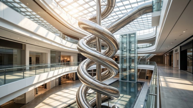 Modern Custom Stainless Steel Spiral Slide in Bright Atrium