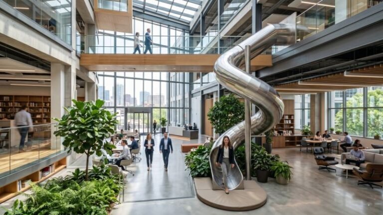 Modern architectural stainless steel slide in corporate atrium