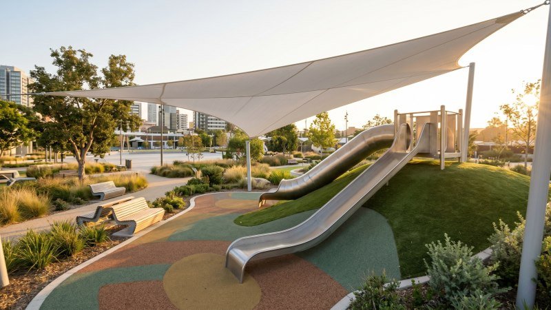 Outdoor stainless steel slide protected by tensile fabric shade sail