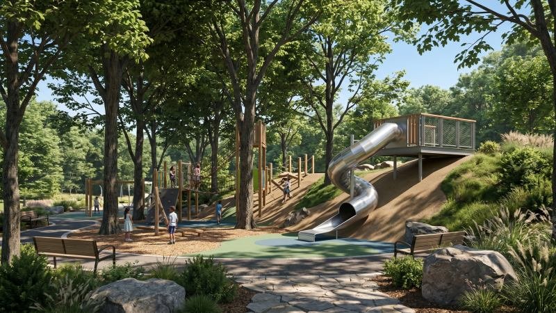 Playground Slide Shaded by Mature Trees