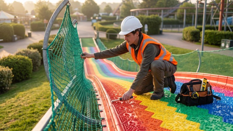 Technician Inspecting Rainbow Slide Track In Morning