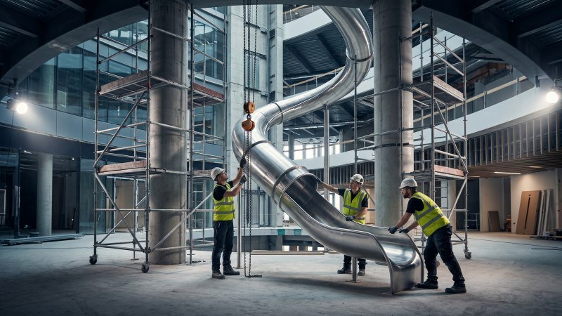 Technicians installing a large stainless steel slide segment