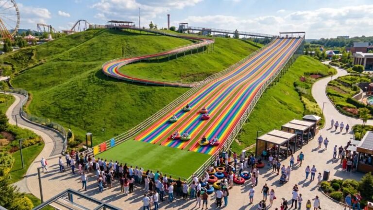 Vibrant Rainbow Slide Attraction In Amusement Park