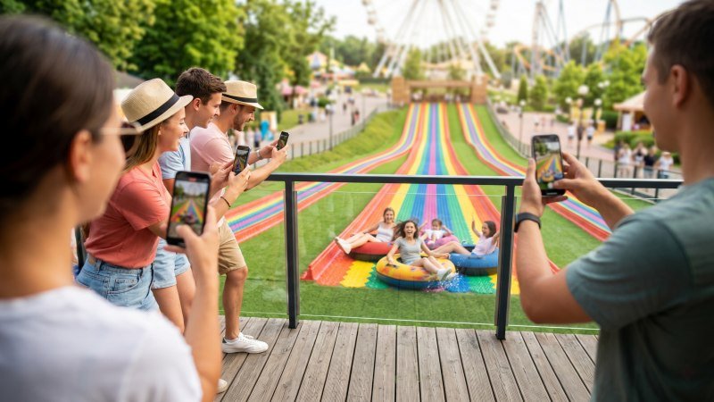 Visitors Recording Videos Of Rainbow Slide Attraction