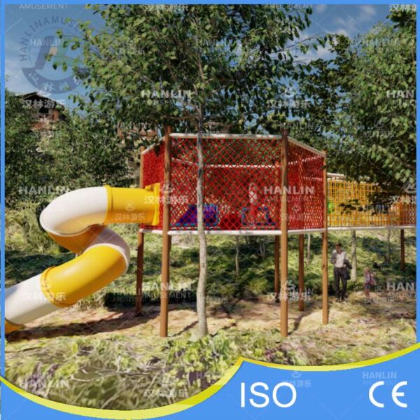 Elevated Net Rope Bridge and Spiral Tube Slide
