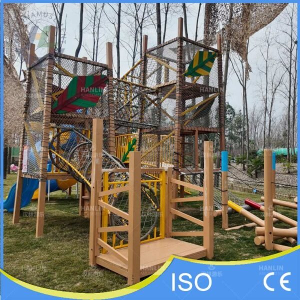 Wooden Climbing Tower with Rope Net Tunnel
