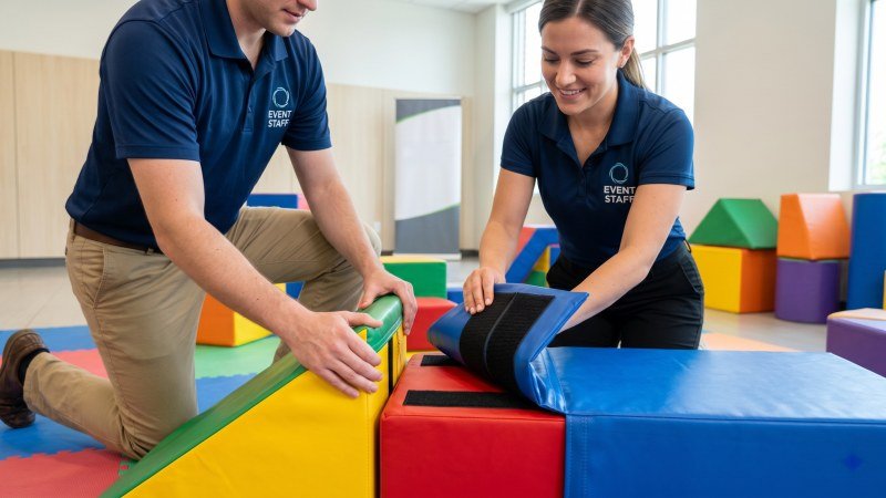 Workers Assembling Modular Soft Play Blocks