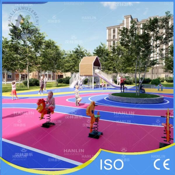 Colorful EPDM Playground with Wooden Style Play Cabin
