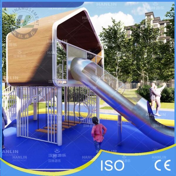 Elevated Play Cabin with Lower Level Rope Obstacles Elevated Play Cabin with Lower Level Rope Obstacles