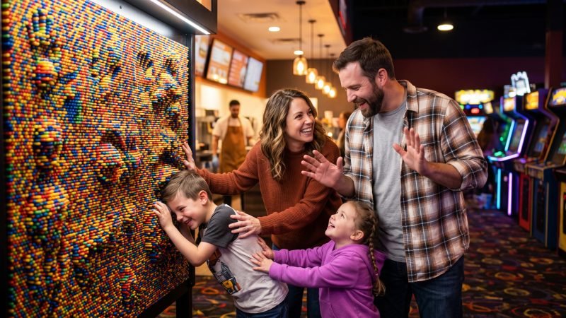 Families Playing with Giant Pin Art Board in Arcade