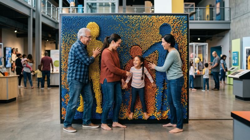 Family Playing With Giant Pin Wall
