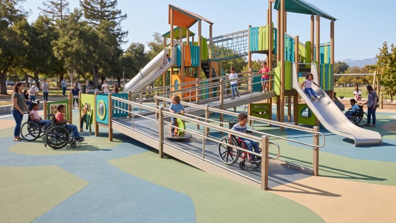 Inclusive playground with smooth rubber surface and wheelchair ramp