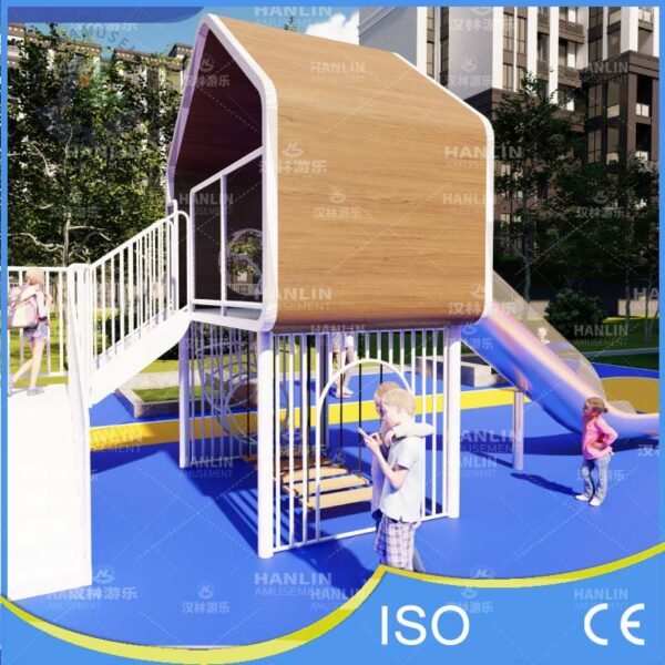 Modern White Frame Play House with Stainless Steel Slide Modern White Frame Play House with Stainless Steel Slide