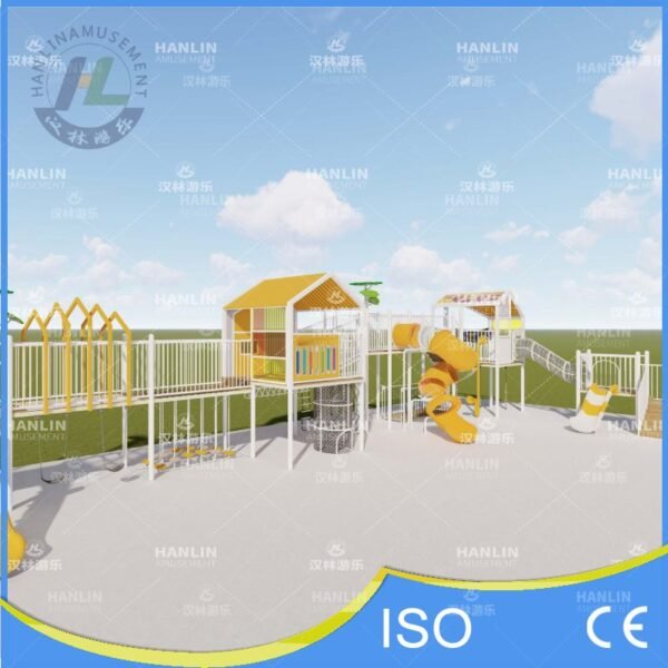 Modern Yellow Cabin Play Structure with Spiral Slide