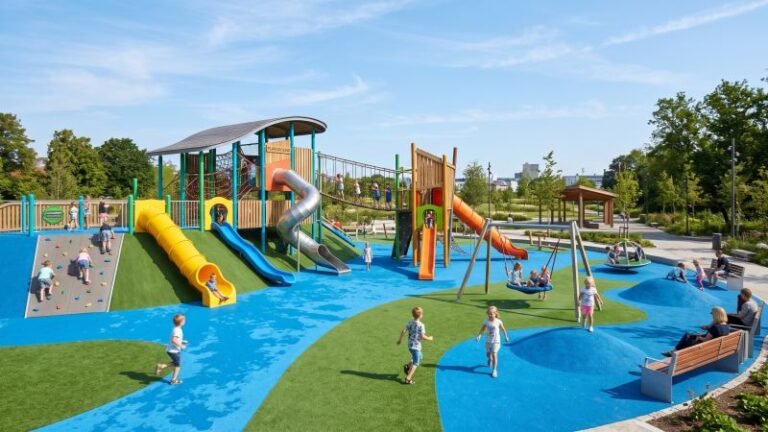 Modern playground with colorful rubber surfacing and artificial turf