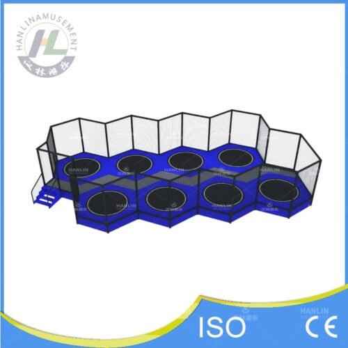 Multi-Mat Enclosed Outdoor Trampoline Park Side View Multi-Mat Enclosed Outdoor Trampoline Park Side View