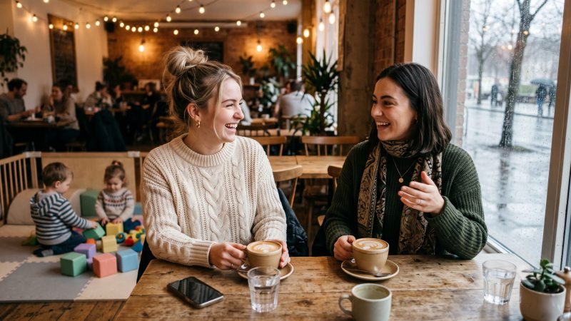 Parents Socializing At A Cafe While Toddlers Play Safely