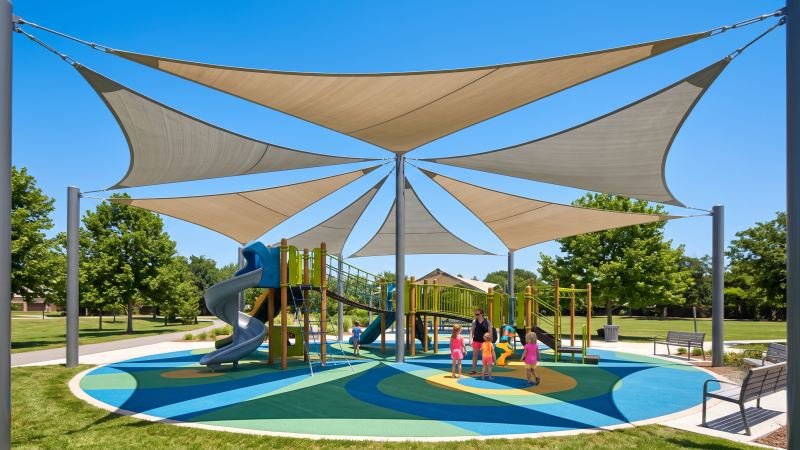 Playground protected from sun heat by large shade sails