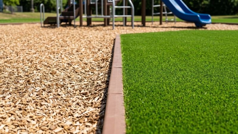Transition edge between wood fiber mulch and artificial turf