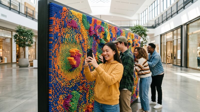 Visitors Taking Photos Of Pin Art Impression