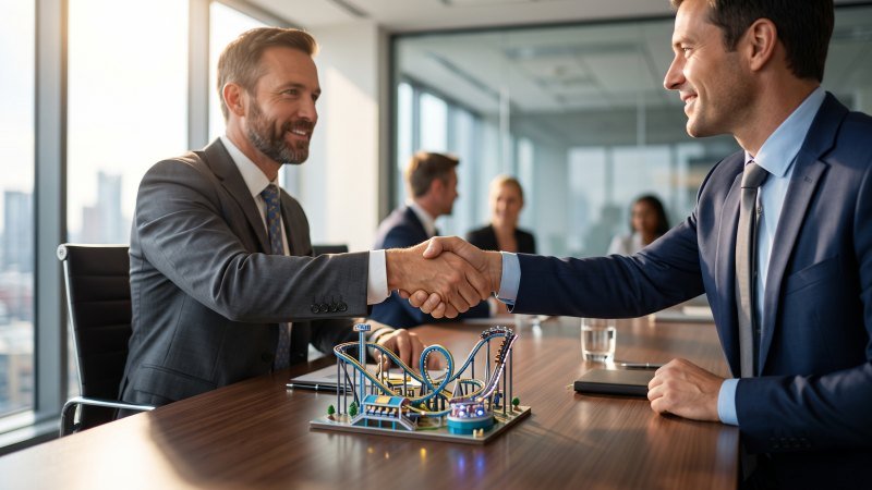 Business Handshake Over Amusement Park Model