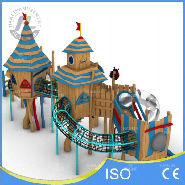 Fairytale Wooden Playground with Blue Roofs and Rope Tunnel