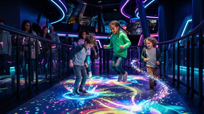 Interactive Digital Floor Game in Amusement Park Queue
