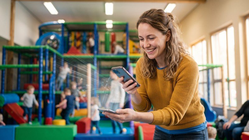 Parent Using Smartphone Near Indoor Playground