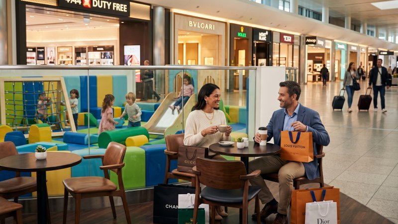 Parents Relaxing Near Airport Retail Shops